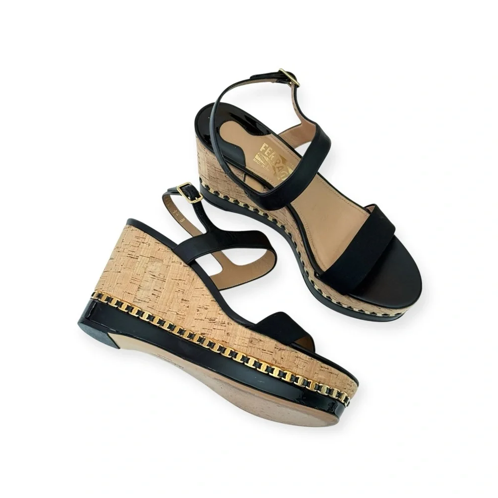 Salvatore Ferragamo ꔘ Mollie Chain Platform Wedge Sandals ꔘ Black Leather ꔘ 9.5B